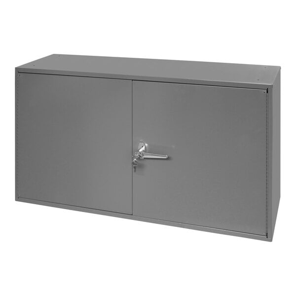 A grey steel Durham utility cabinet with two doors.