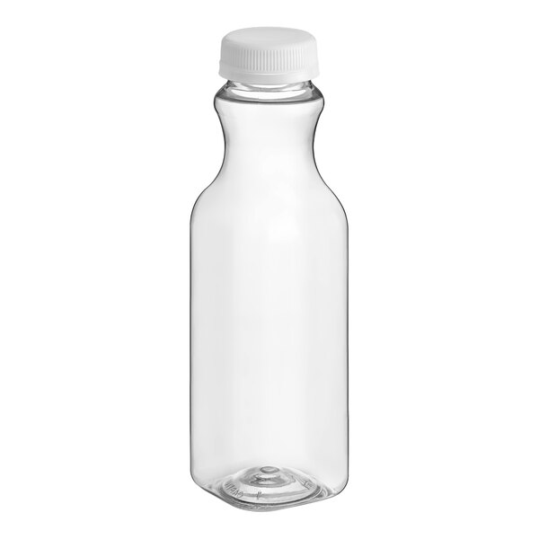 A clear plastic carafe juice bottle with a white lid.