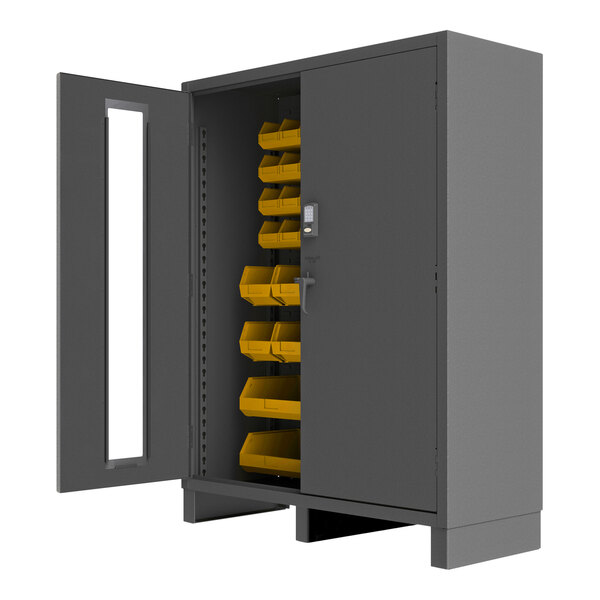A grey metal Durham storage cabinet with yellow bins.