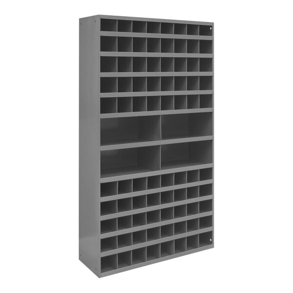 A grey Durham steel shelf with 84 storage bin openings.