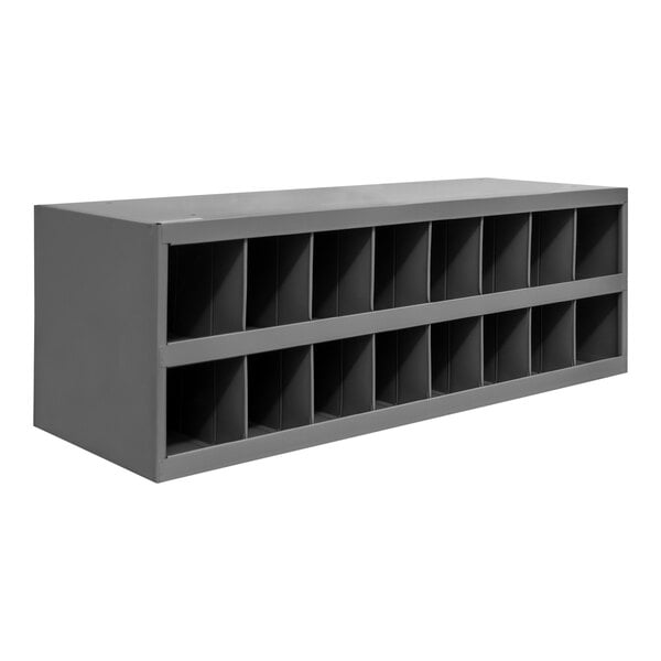 A grey Durham Mfg steel shelf with 16 small compartments.