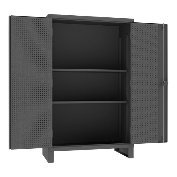 A black metal cabinet with shelves.
