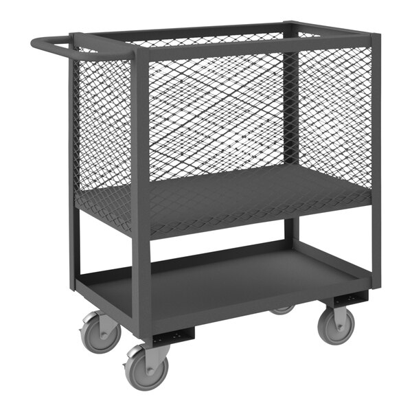 A Durham 14 gauge steel low-deck industrial cart with mesh top and 5" casters.