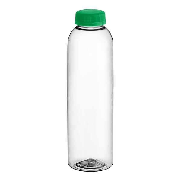 A clear plastic 16 oz. round juice bottle with a green cap.