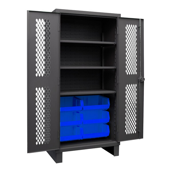 A black metal cabinet with shelves and blue bins inside.