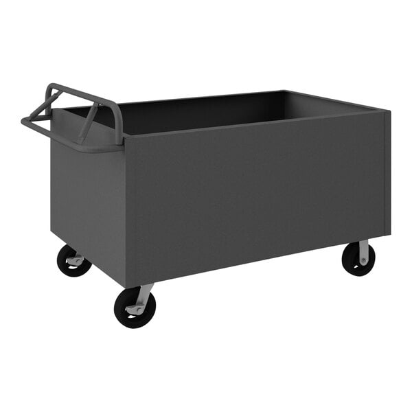 A large black metal container with wheels.
