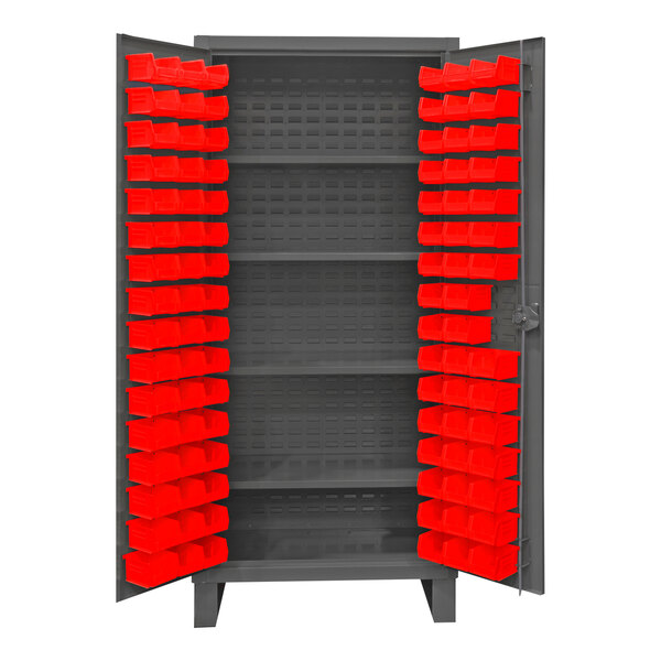 A Durham steel storage cabinet with red bins on shelves.