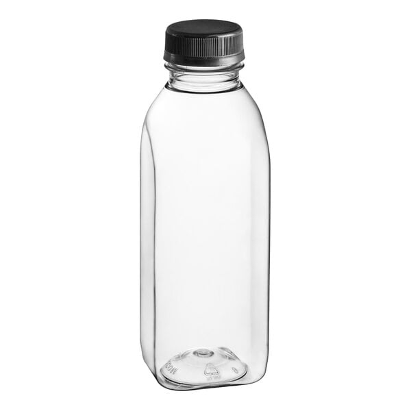 A clear plastic 16 oz. Square Milkman juice bottle with a black lid.