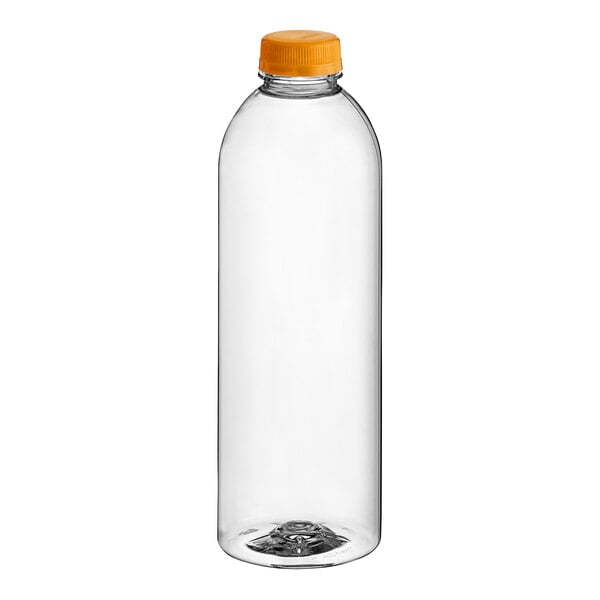 A 32 oz. clear PET juice bottle with an orange cap.