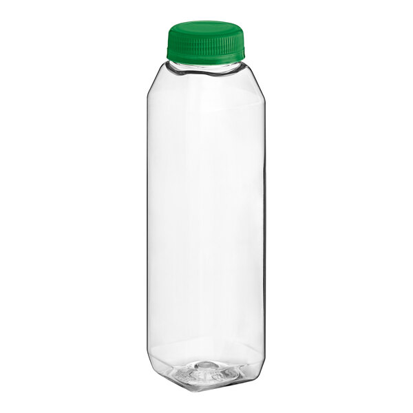 A 12 oz. clear plastic juice bottle with a green cap.