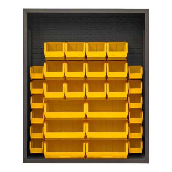 A Durham Mfg enclosed bin rack with yellow bins on a black shelf.