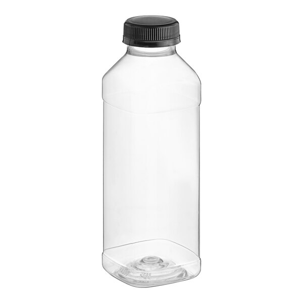 A clear plastic Square PET juice bottle with a black lid.