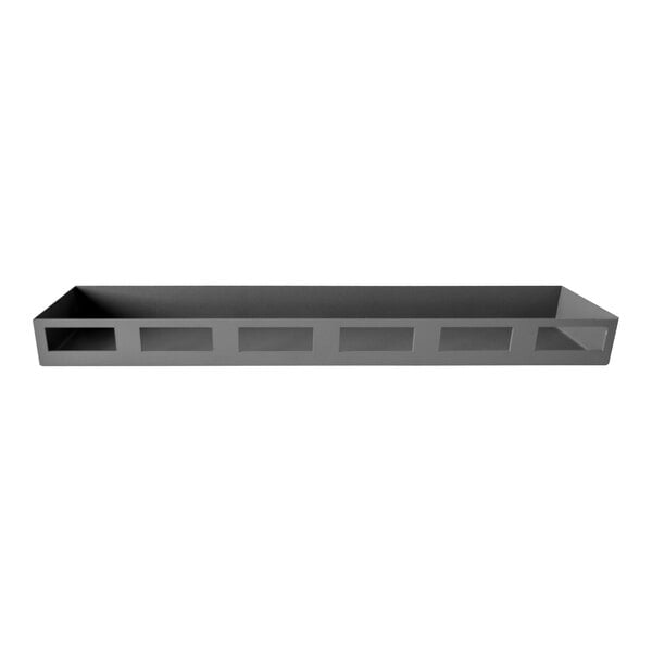 A black rectangular steel tray with holes.