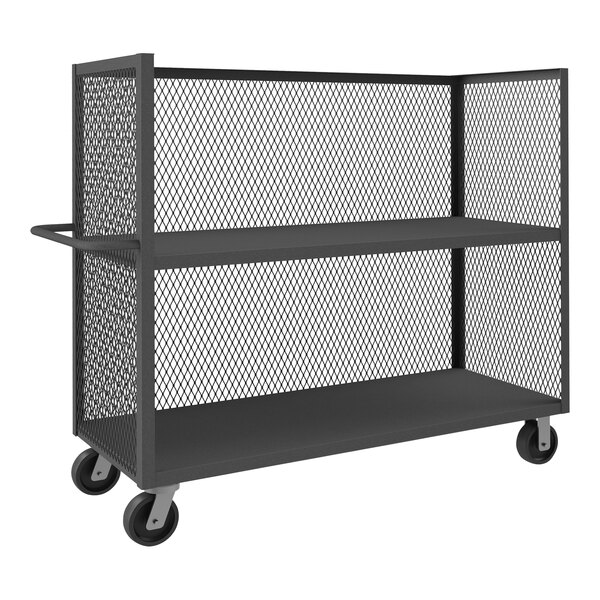 A black Durham Mfg steel 2-shelf mesh cart with wheels.