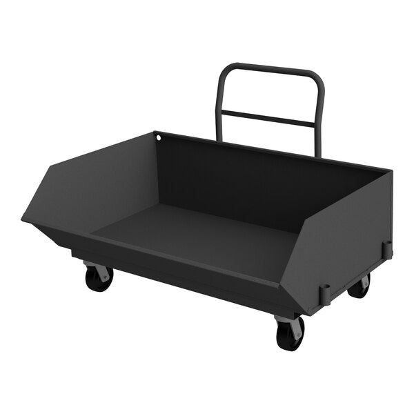 A black Durham Mfg steel hopper truck with swivel casters.