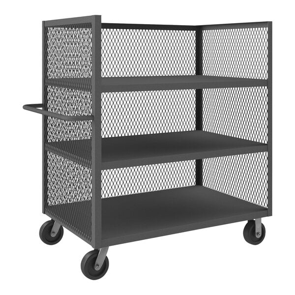 A black metal Durham 3-shelf mesh truck with 6" casters.