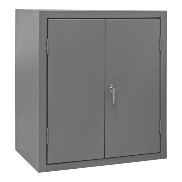 A gray metal cabinet with a lock.