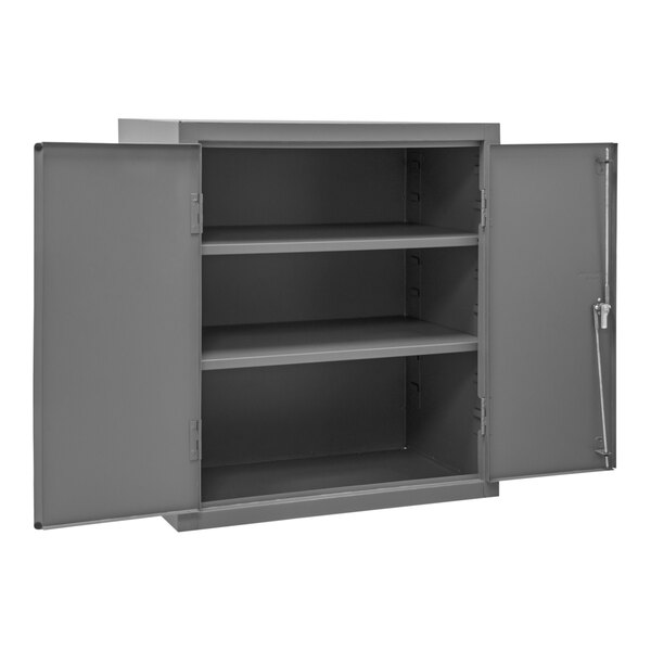 A gray metal cabinet with open doors.