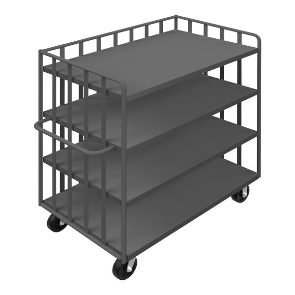 A black metal cart with shelves and wheels.