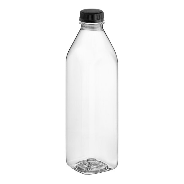 A 32 oz. clear PET juice bottle with a black cap.
