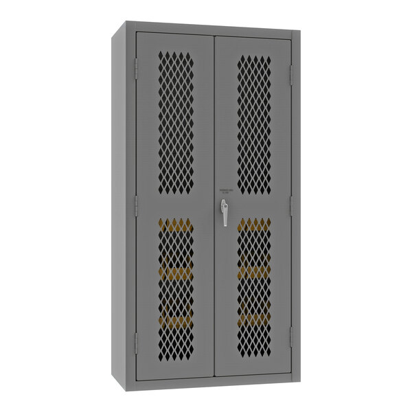 A grey steel Durham storage cabinet with ventilated doors.