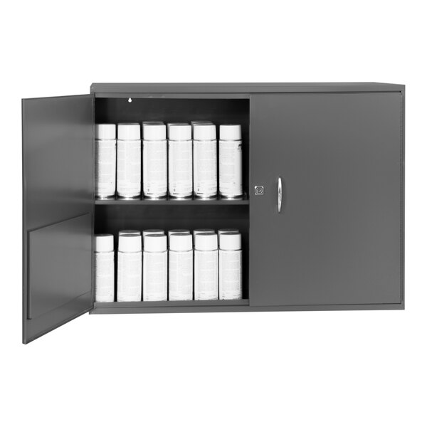 A Durham gray steel wall-mounted storage cabinet with white shelves holding white containers.