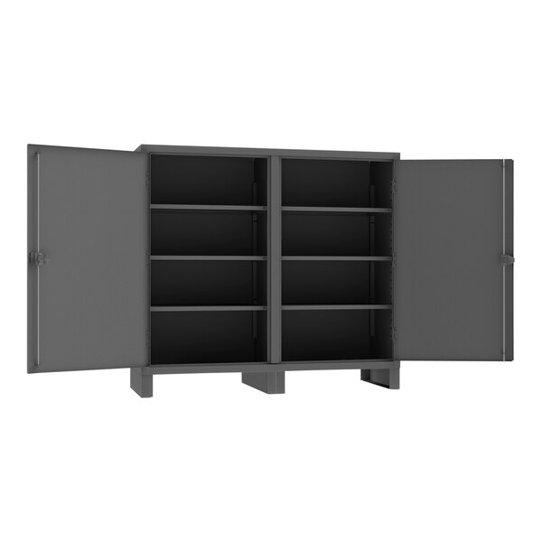A gray metal shelf cabinet with recessed doors and six adjustable shelves.