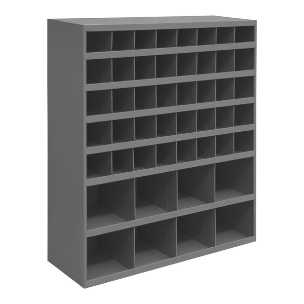 A grey Durham Mfg steel shelf with 48 square compartments.