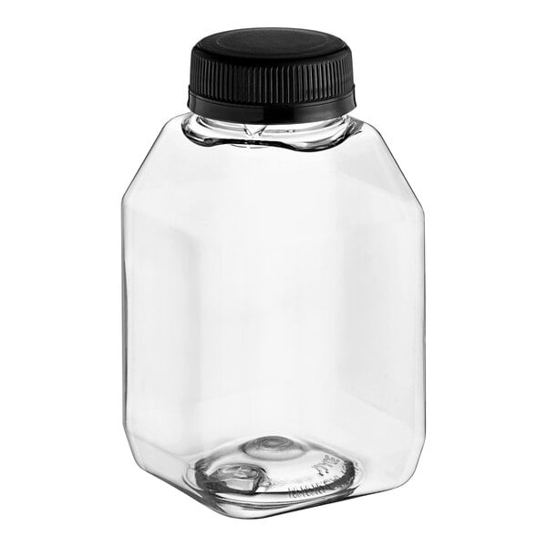 An 8 oz. clear square PET plastic juice bottle with a black lid.