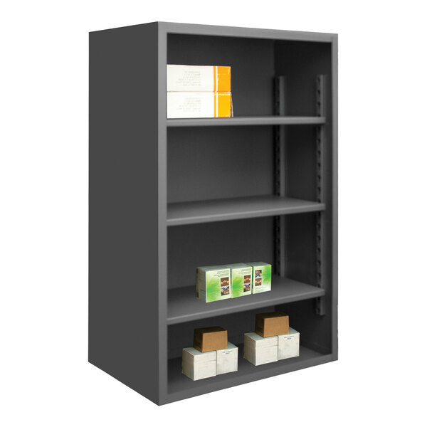 A grey metal Durham Mfg enclosed shelf with several shelves holding white boxes.