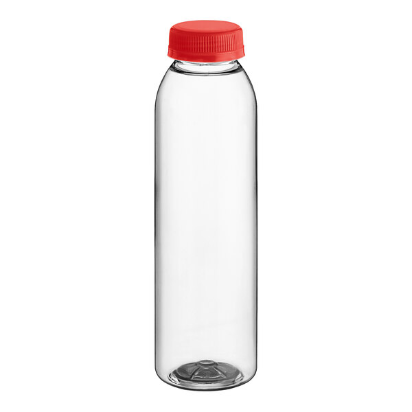 A clear round rPET juice bottle with a red lid.