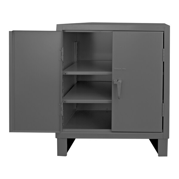 A gray metal Durham 2-shelf storage cabinet with open doors.