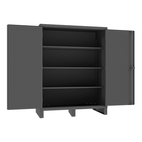 A black metal Durham storage cabinet with shelves and pegboard panels on the doors.
