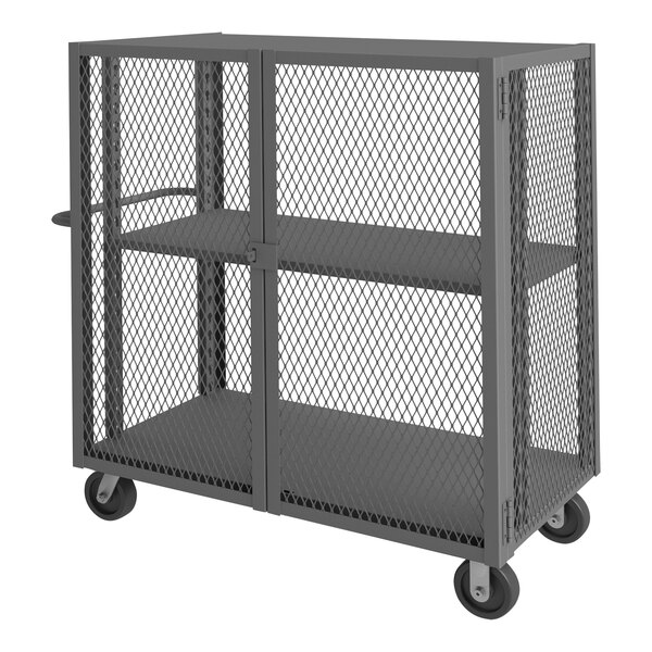 A gray steel Durham cage truck with two shelves.