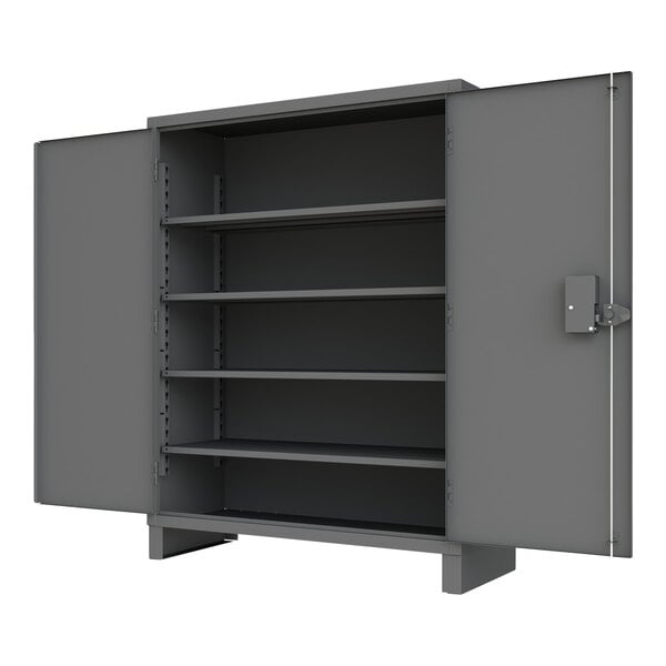 A grey Durham Manufacturing steel storage cabinet with open doors and shelves.