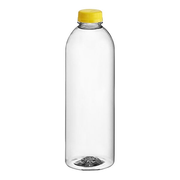 A clear bottle with a yellow cap.