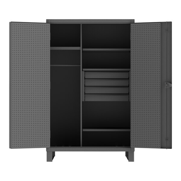 A black Durham steel cabinet with shelves and pegboard panels.