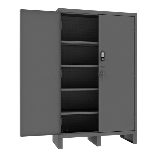 A grey Durham 4-shelf metal storage cabinet with two doors.