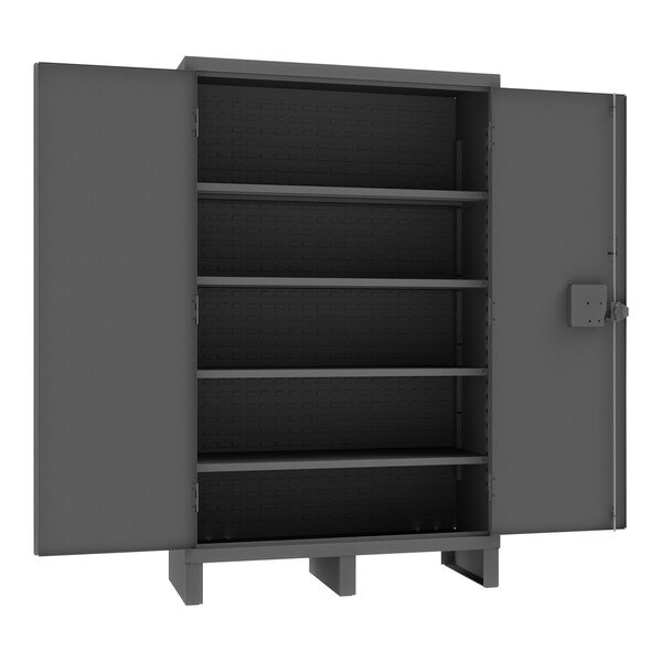 A grey 14 gauge steel Durham storage cabinet with open doors and a grey box on one door.
