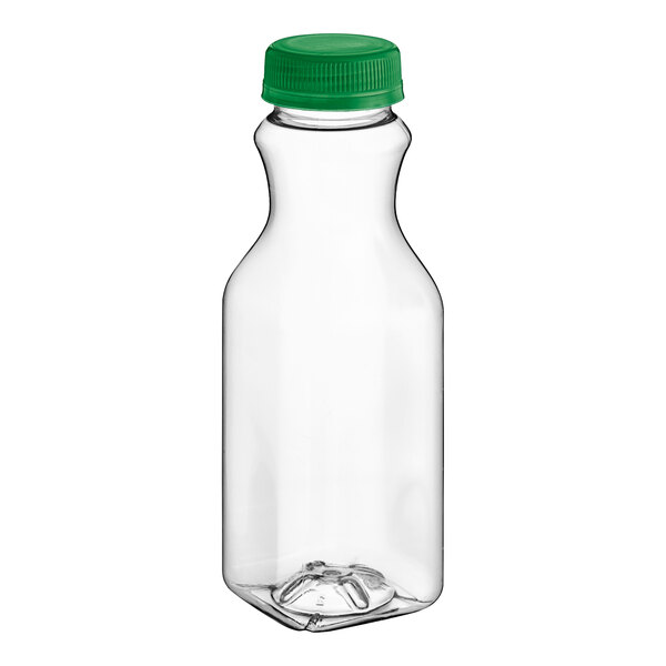 A clear plastic carafe juice bottle with a green lid.