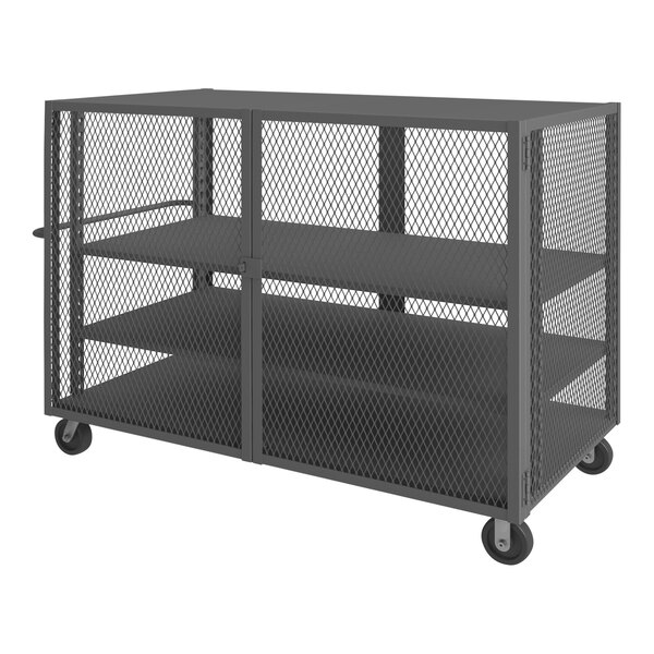 A grey metal Durham stock picking cart with three shelves and wheels.