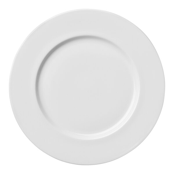 A Luzerne bright white porcelain plate with a wide rim and circular shape.