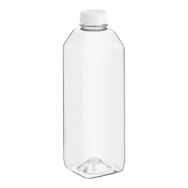 A 32 oz. clear square PET juice bottle with a white lid.