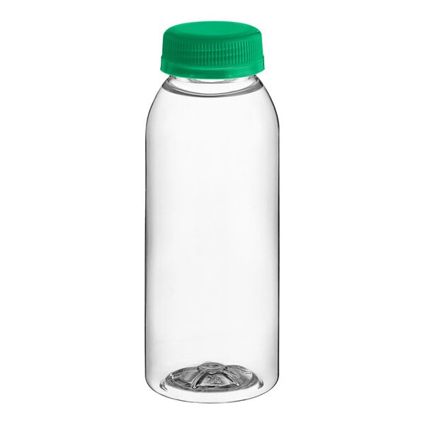 An 8 oz. clear plastic juice bottle with a green cap.