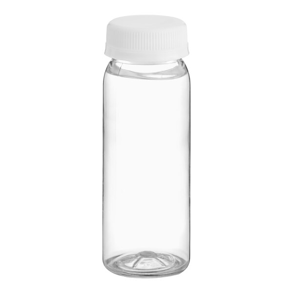 A 4 oz. clear plastic round juice bottle with a white cap.