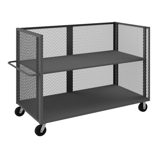 A gray Durham Manufacturing steel mesh 2-shelf maintenance cart.