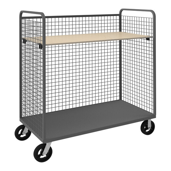 A Durham Manufacturing metal wire cart with a shelf on wheels.