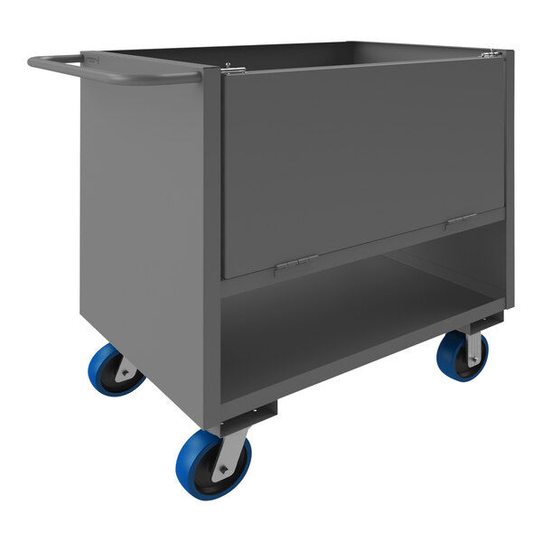 A grey Durham Mfg steel box truck with blue wheels.