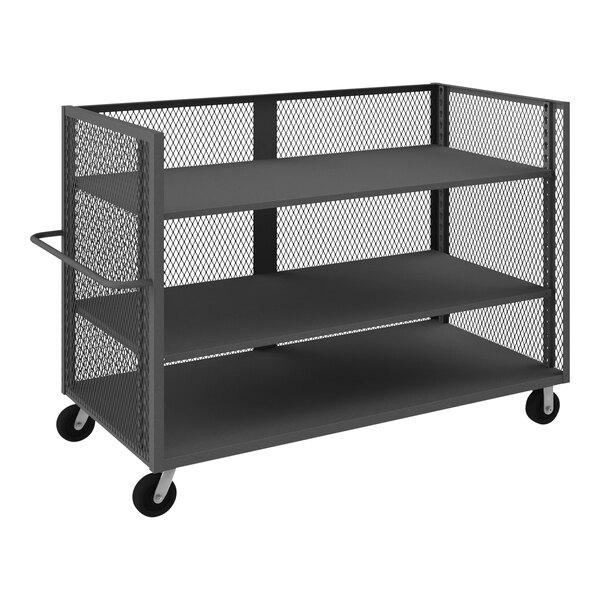 A black Durham steel mesh 3-shelf maintenance cart.