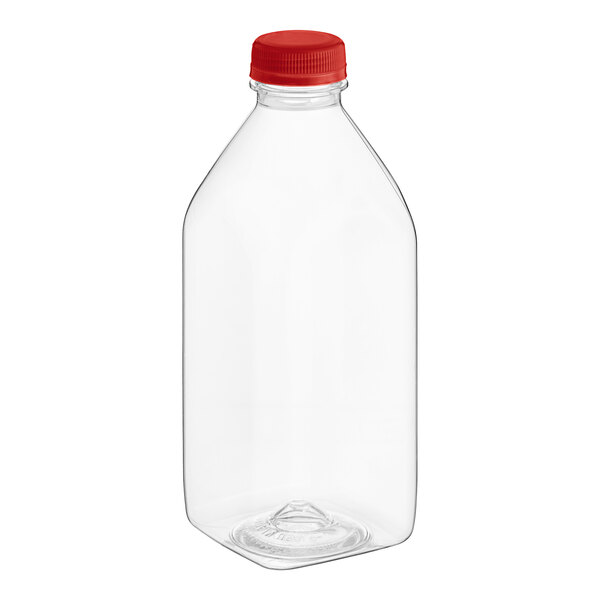 A 32 oz. clear plastic square juice bottle with a red cap.